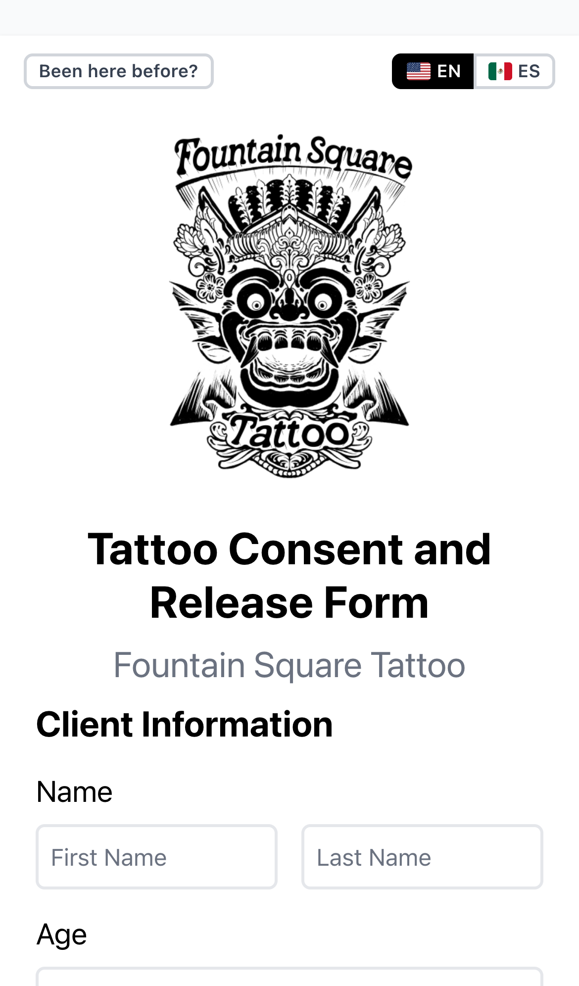 The waiver form on a phone at demo.waivers.tattoo: the shop's logo, then the client's name and contact fields
